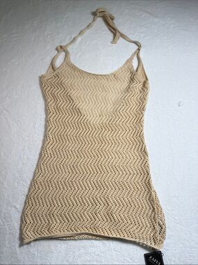 New Zaful Beige Crochet Halter Mini Dress Cover Up